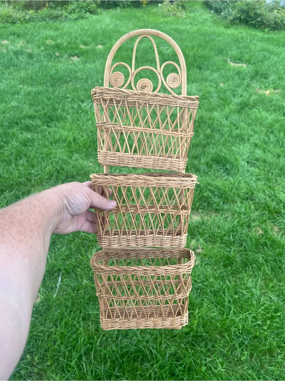 vintage bohemian-style three-pocket rattan and wicker wall-hanging